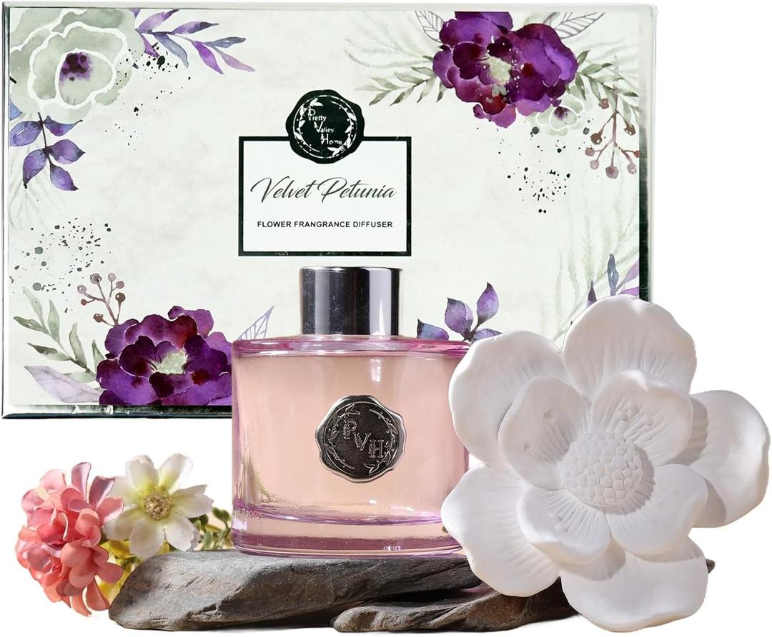 Reed Diffuser Set, Pretty Valley Home Gypsum Flower 3.38 fl oz (100 ml), Home Reed Diffuser for Bathroom Office Bathroom Living Room Decor (Velvet Petunia)
