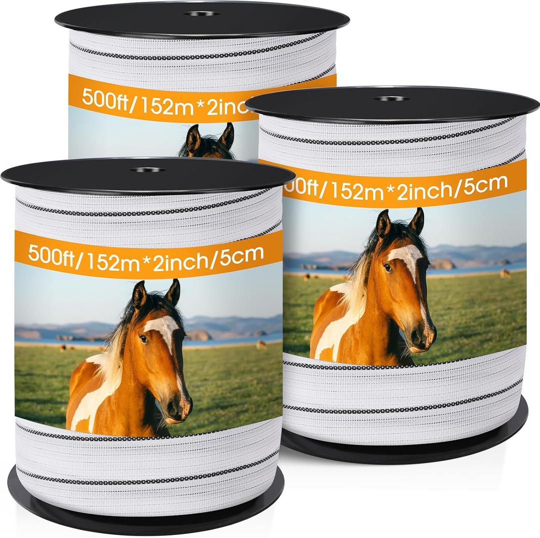 2 Inch x 1500ft/ 457m Electric Fence Tapes with High Visibility 3 Rolls Each 500ft Electric Horse Fence Kit for Horse Livestock