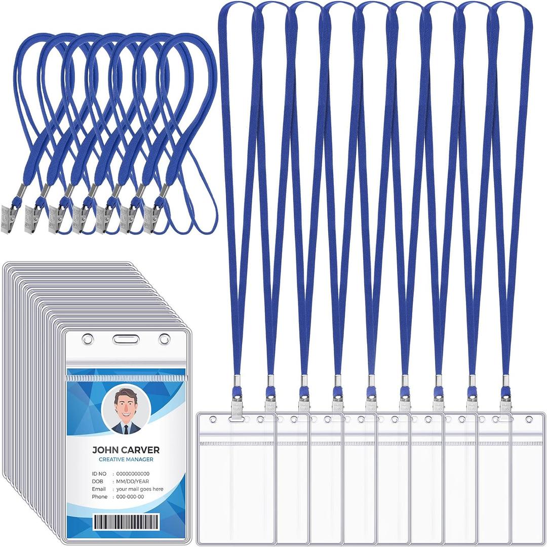 Marspark 200 Pcs Name Tag Lanyards with ID Holder Lanyards for ID Badges Resealable Flat Neck Name Tag with Clip Waterproof Plastic Clear Badges Bulk for School Office Supplies (Blue)