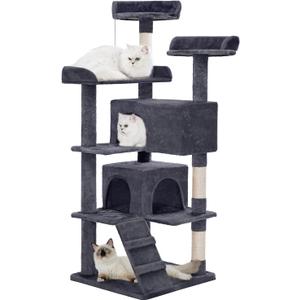 Made4Pets Cat Tree Tower 56in Cat Tower for Indoor Cats Kitten Tree Multi-Level Cat Tree with 2 Condo Furniture Activity Center with Scratching Posts Funny Toys Kittens Pet Play House, Grey