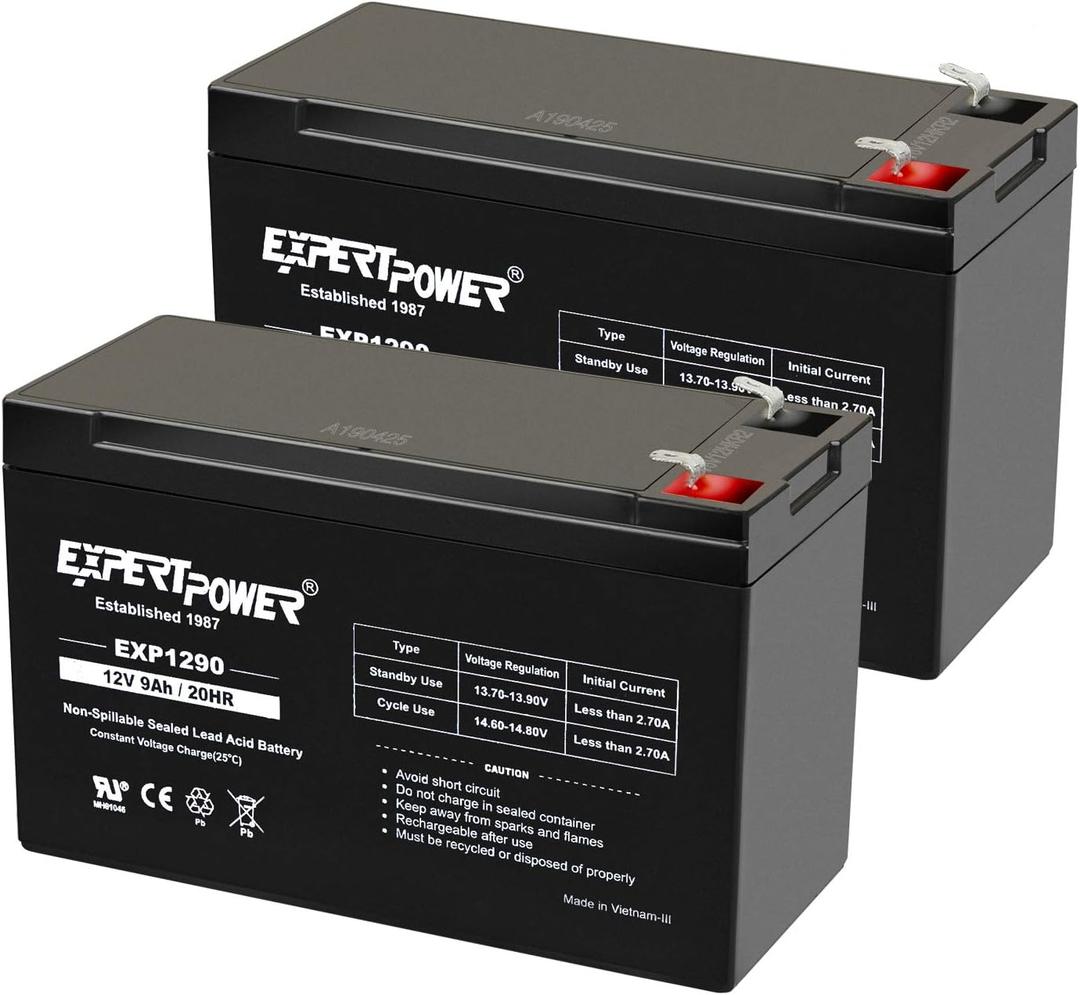 ExpertPower EXP1290 (2 Pack) - 12V 9AH SLA AGM Rechargeable 12V Battery for Ride on Toys, Backup UPS Battery Replacement, 12 Volt Batteries for Alarm, Electric Bike, F2 Terminals (.250")