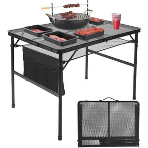Folding Grill 3x2 FT Portable Camping Table, Lightweight Height Adjustable Metal Picnic Outdoor Table with Mesh Desktop and Mesh Bag, Beach and BBQ, Party