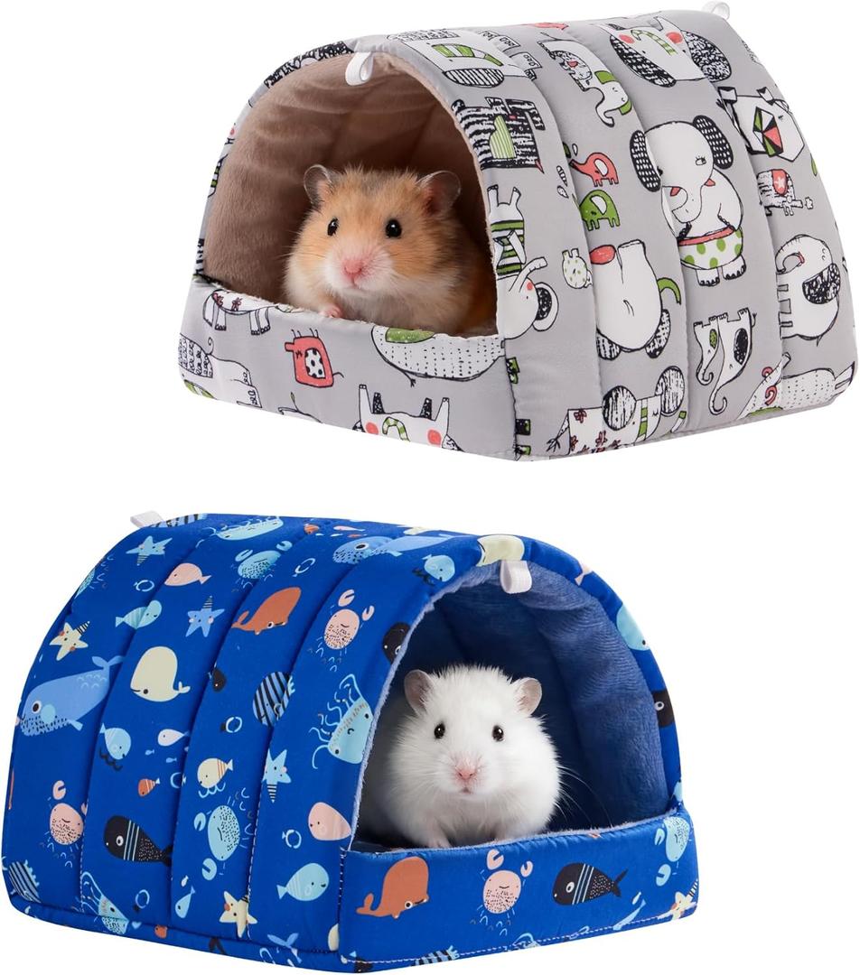 Rodizoo 2 PCS Hamster Hideout,Washable Hamster Bed Hamster Bed Hut Hamster House, Small Animal Cage Accessories for Mouse Hedgehogs Ferrets Bearded Dragons and Rats (6*6in, Dark Blue+Gray)