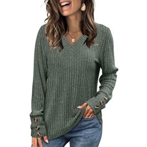 WIHOLL V Neck Long Sleeve Shirts for Women with Bottons Casual Fall Outfits Lightweight Tunic Sweaters Fashion Clothes 2025 (Green, S)