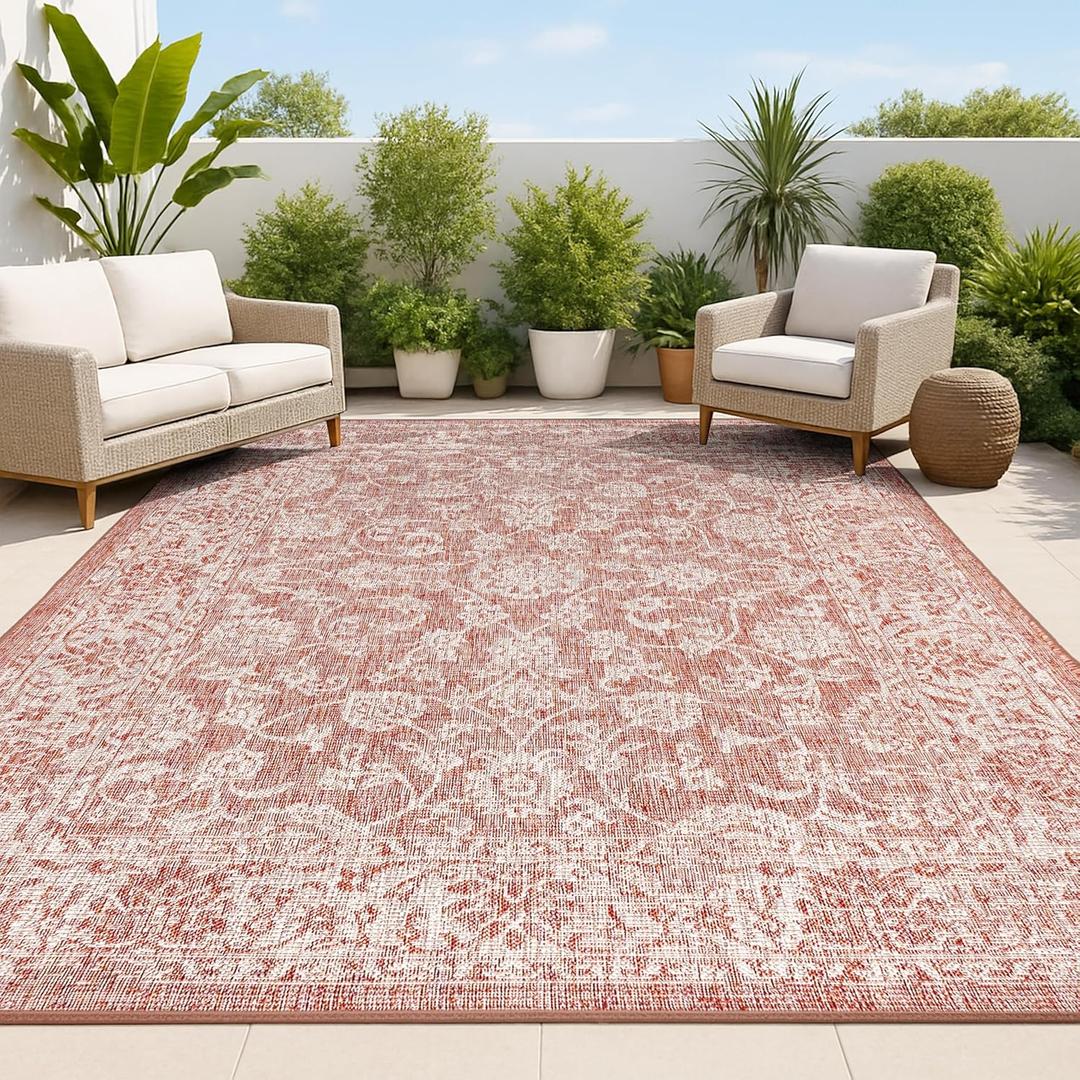 JONATHAN Y Weave Floral Indoor Outdoor Area Rug 5X8 Red/Taupe, Tela Bohemian Textured for Backyard, Patio, Porch, Easy-Cleaning, High Traffic, Pet-Friendly, Non-Shedding (SMB100A-5)