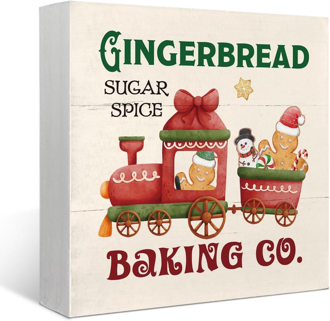 3 x Gingerbread Christmas Decor Wooden Box Sign,Gingerbread Decorations for Kitchen, Christmas Decorations for Home Shelf Office Desk Decor,Holiday Gifts for Women 5x5