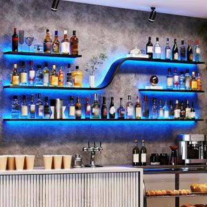 Wall Mounted Wine Rack with LED Lights, Modern Curved Design Floating Bar Shelves, Large Hanging Liquor Display Storage Organizer for Home Bar Coffee Shop Kitchen (Black, 120cm/47in)