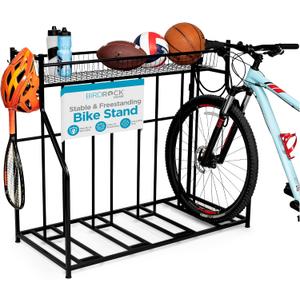 BIRDROCK HOME Bike Rack Garage Storage Floor Stand - Freestanding Organizer for Outdoor Yard - Upright Wall Mount for Scooters, Rakes, Motorcycles, Hoverboards, Gloves - Holds 4 Bicycle - Black