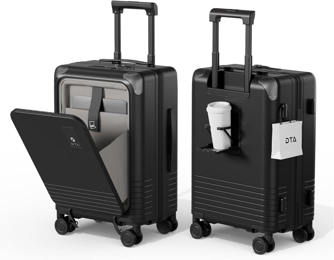 Top Opening Expandable Lightweight PC Hard Shell Suitcase, 20 Inch Carry On Luggage with TSA Lock, 360 Silent Spinner Wheels, Cup Holder, Ideal for Business Travel (Black, Carry-On 20-Inch)