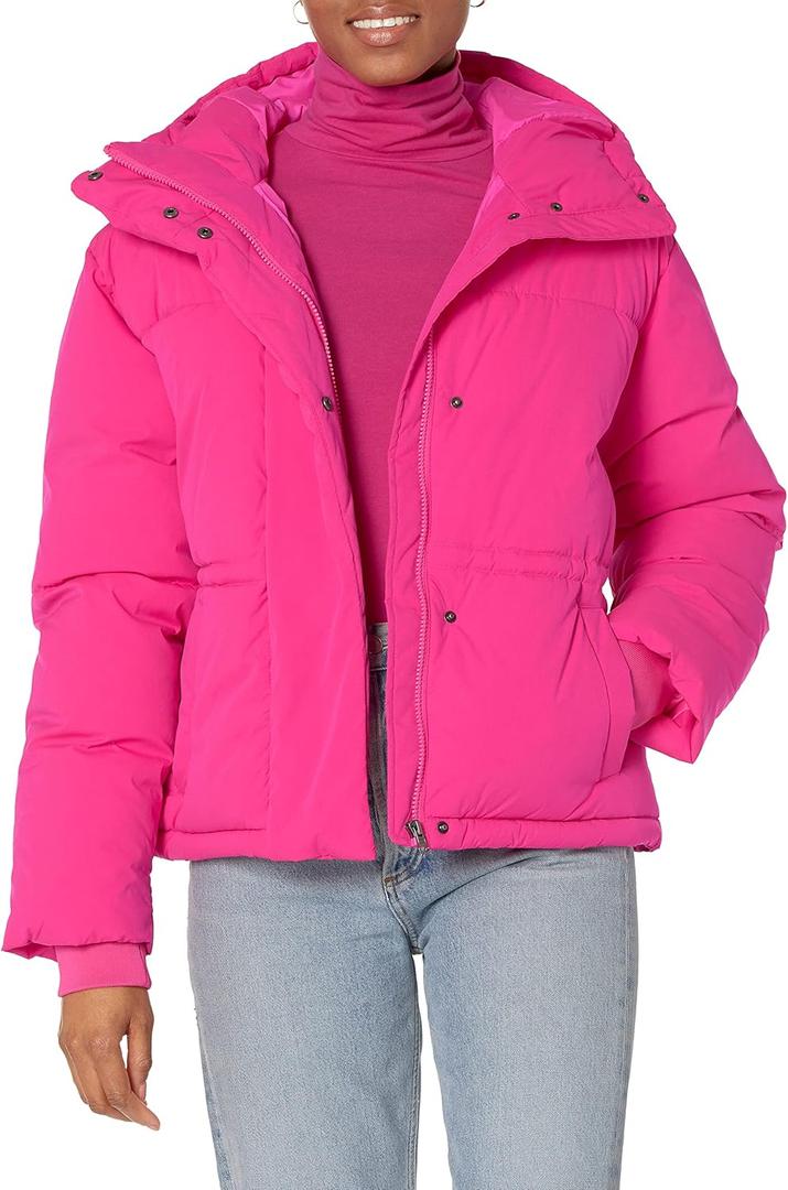 Amazon Essentials Women's Short Waisted Puffer Jacket (Large, Neon Pink)
