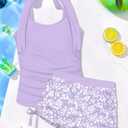 Girls Swimsuit 2 Piece Halterneck Girls Tankini Swimsuit Drawstring Printed Swim Shorts Girl Bathing Suit for 7-18T (Purple)