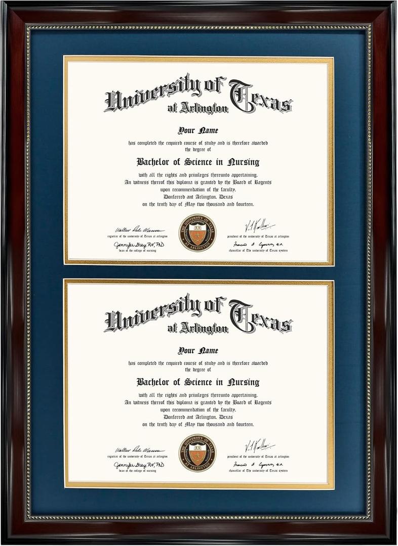 GraduationMall 14x20 Double Diploma Frame, Display 8.5x11 Certificate with Navy over Gold Mat,Tempered Glass,Mahogany with Gold Beads