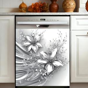Magnetic Dishwasher Cover, Floral Faux Silver Embossed Metal Kitchen Decor | 23x26 Inch Dishwasher Refrigerator Protection Magnetic Kitchen Art Decoration, 23x25.5 Inches