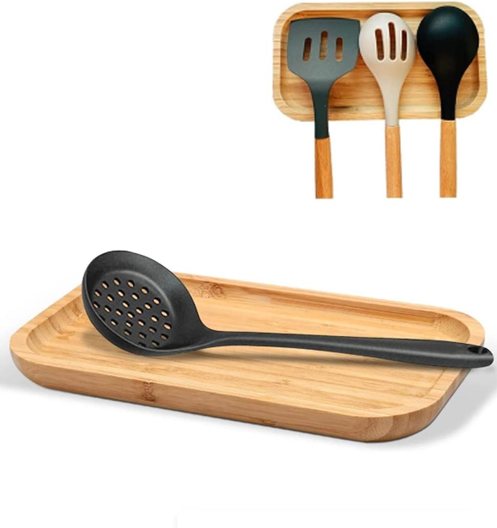 Large Wooden Spoon Rest, 9.7'' Stove Top Bamboo Spoon Holder, Kitchen Counter Cooking Utensils Rest, Farmhouse Small Food Serving Tray for Spatulas, Spoons, Turners, Ladles and Teaspoons