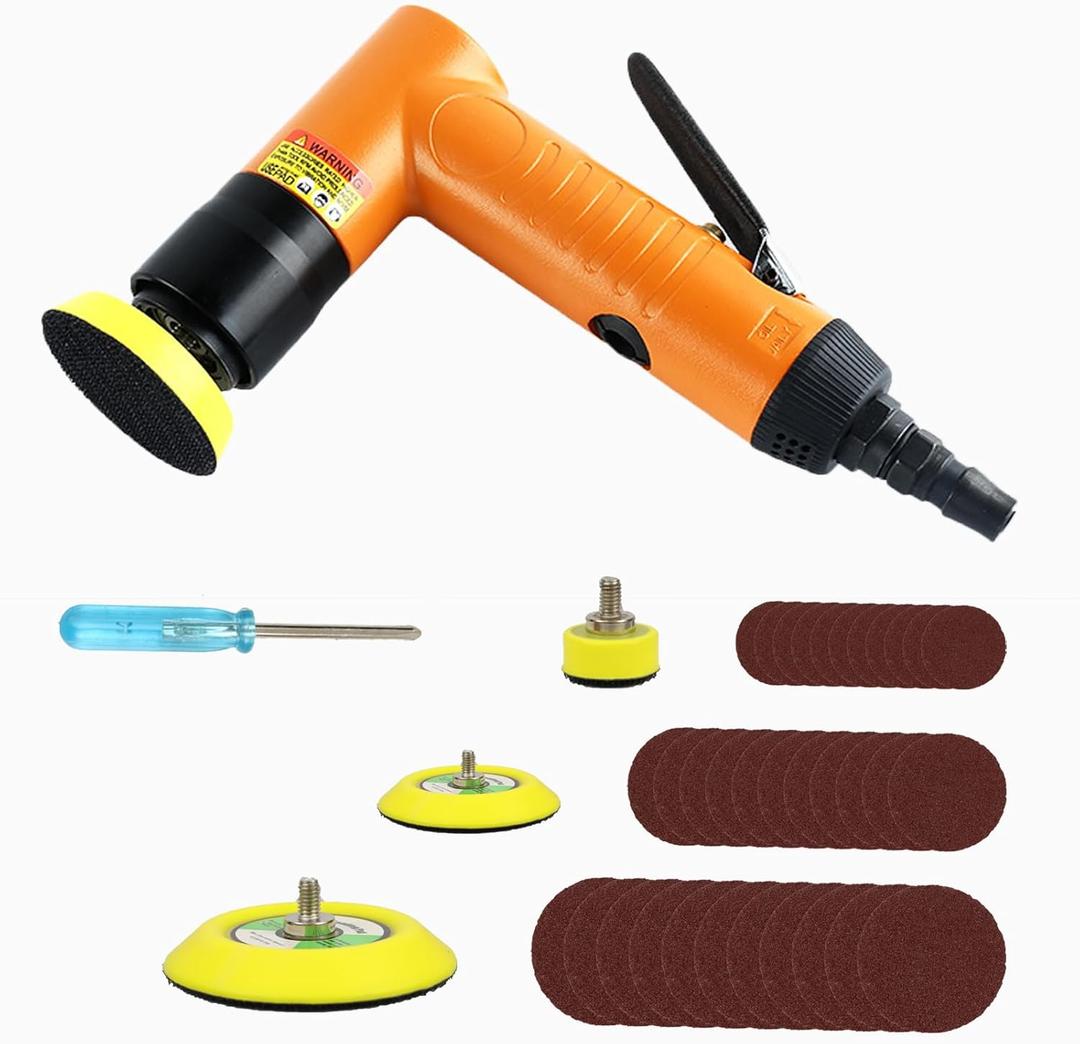 Upgrade Mini Air Angle Sander with 1'' 2'' 3'' Pads Random Orbital Air Sander 22000RPM, Mini Pneumatic Polisher for Auto Body Work Headlight Polishing Paint Cleaning with 30pcs Roll Lock Discs