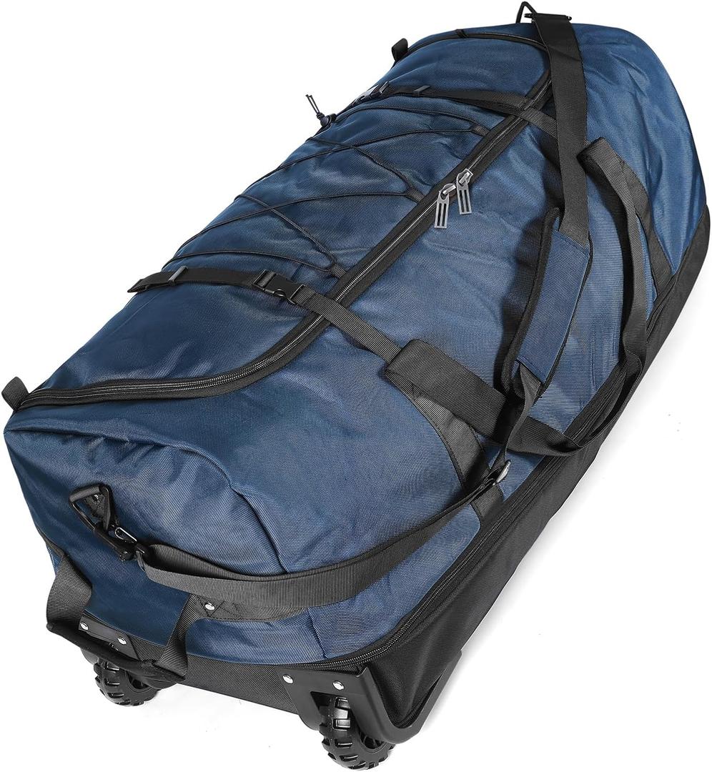 110L Expandable to 140L 32 Foldable Oxford Soft-Sided Rolling Duffle Bag with 2 Heavy-Duty Wheels,3 Large Compartments,Adjustable Shoulder Strap and Attached Organizer Pouch,Navy Blue, 14 x 19.7 x 31.5 inches