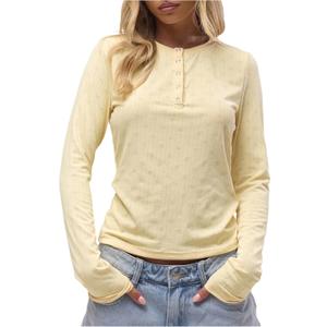 Women's Button Down T Shirts Crew Neck Long Sleeve Henley T Shirts Cute Tops (Yellow, L)