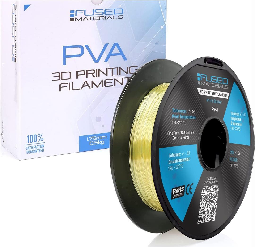 Fused Materials PVA Filament 1.75mm  Water-Soluble Support Material for 3D Printing  Compatible with Bambu Lab, Polymaker, Overture, and More  Works with PLA, PETG, Nylon, ABS  Clear & Transparent