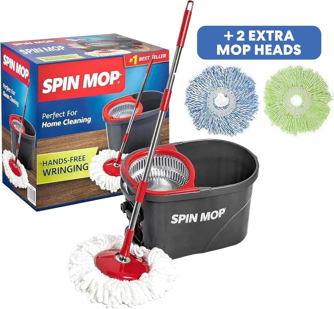 SimpliMagic 79349 Spin Mop Cleaning System with 3 Microfiber Mop Heads, Red/GRAY,Red/Black