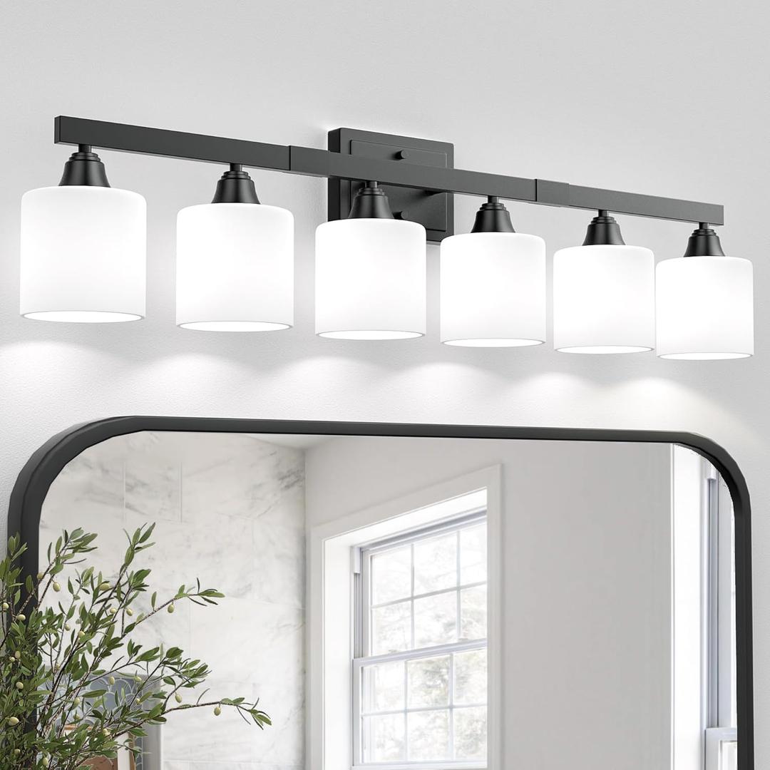 VOLISUN Matte Black Bathroom Light Fixtures, 6-Light Bathroom Vanity Lights Over Mirror, Modern Vanity Light for Bathrooms, Bathrooms Lights Fixtures Over Mirror with Milky White Frosted Glass Shades