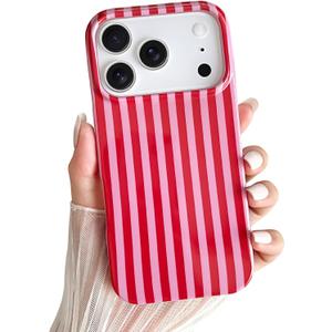 Yeddabox for iPhone 17 Pro Case Cute Striped Phone Case Soft TPU Slim Shockproof Phone Cover for Women Girls, Red and Pink