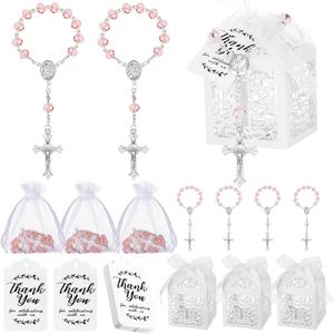 100 Pcs Baptism Favors Set, Baptism Gifts Include 25 Mini Rosary Bracelet 25 Organza Bags 25 Thank You Kraft Tags 25 Boxes for First Communion Christening Party Baby Shower Wedding(Pink)