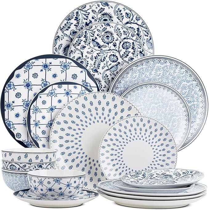 BTaT- Bone China Dinnerware Sets for 4, 12 pcs, Blue Garden Elegance, 4 Different Design, Ceramic Plates and Bowls Sets for 4, Microwave, Oven, Dishwasher & Freezer Safe, White 