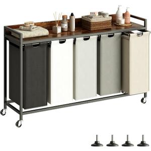 Laundry Hamper with Shelf, Laundry Basket 5 Section, Laundry Sorter with Pull-Out Removable Large 5 Color Bags and Movable Wheels, Metal Frame, 5 x 15.87 Gallons (60L), Rustic Brown PF08XLN
