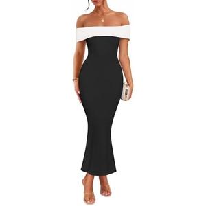 ZESICA Women's 2025 Summer Off The Shoulder Ribbed Knit Sweater Dresses Sleeveless Color Block Party Bodycon Maxi Dress, L