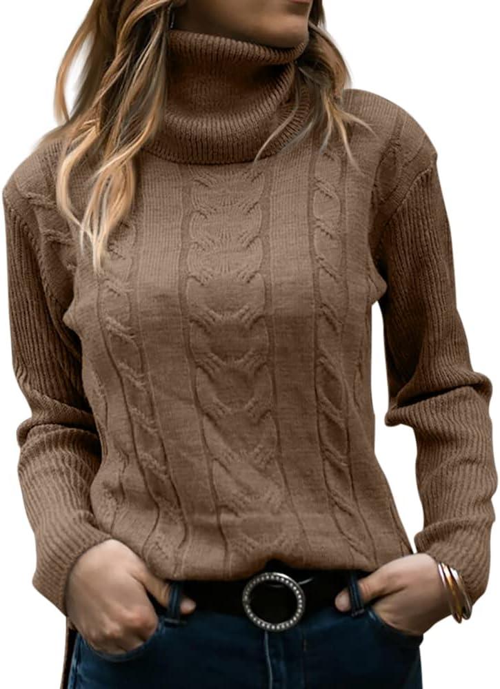Langwyqu Womens' Turtleneck Long Sleeve Cable Knit Sweaters (Medium, Brown)