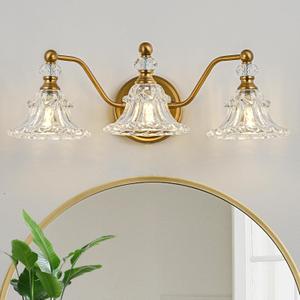Vintage 3-Light Bathroom Vanity Light Fixture, Vintage Vanity Light with Crystal Glass Shade in Matte Antique Brass Finish, 3-Light Retro Bathroom Light Fixture