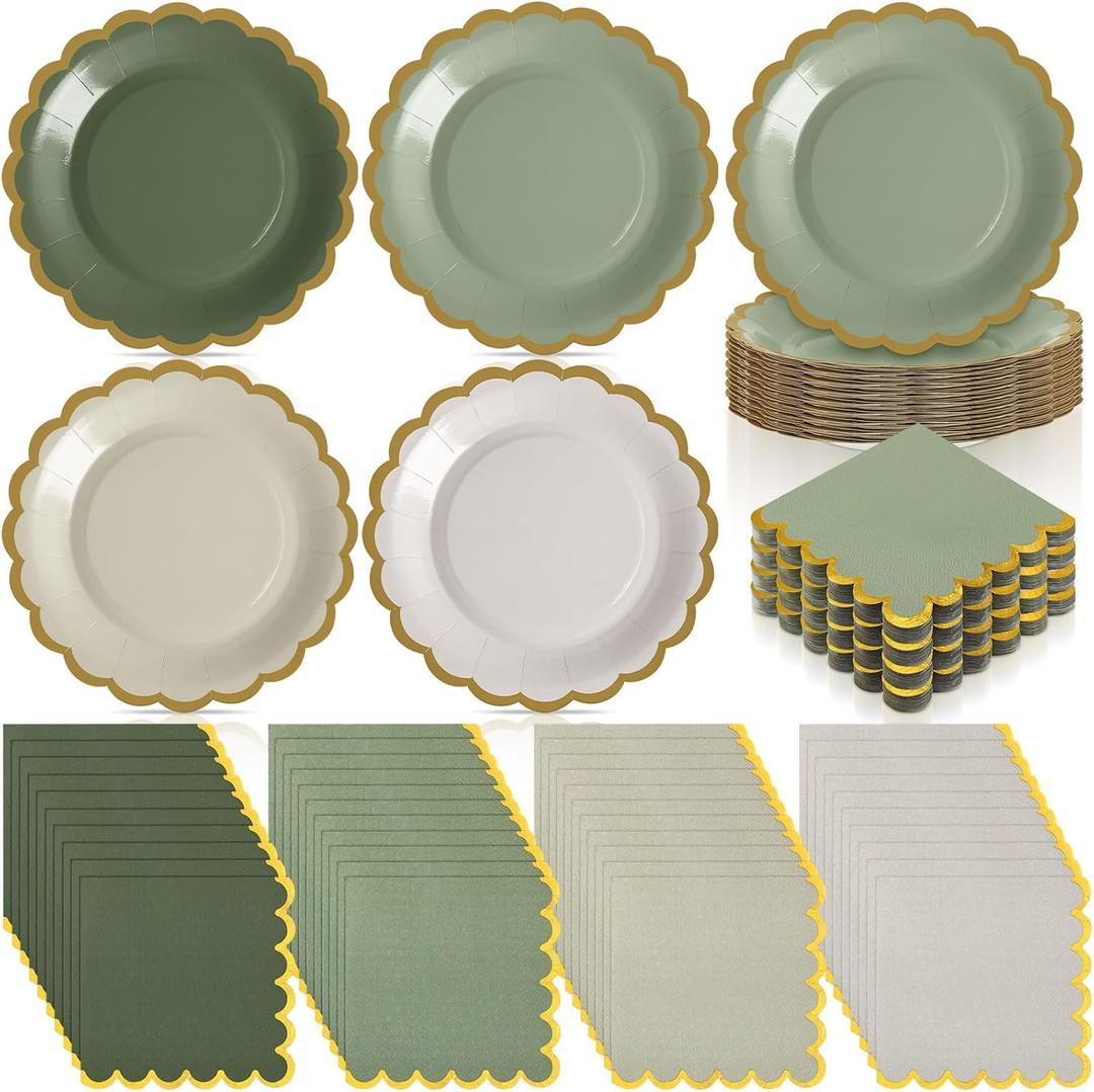 Mimorou 200 Pcs Sage Green Paper Plates and Napkins Set Serves 100, 4 Gradient Colors Scalloped Gold Edge Disposable Tableware for Baby Shower Wedding Bridal Shower Birthday Party