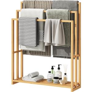 oakvivo Free Standing Towel Rack, 3 Tier Bamboo Blanket Rack for Bathroom, Blanket Drying and Display Racks with Shelf, Blanket Holder for Oversized Bath Towels (Natural)