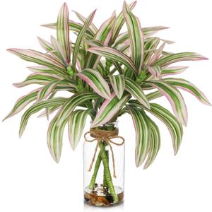 Faux Greenery Stems in Vase Dracaena Aritificial Plant in Glass Vase with Faux Water & Stones 15.7" Small Potted Plants Arrangement Centerpieces for Farmhouse Kitchen Dinner Tables Greenery Decor