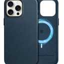SHIELDON Genuine Leather Case for iPhone 15 Pro Max 6.7", Magnetic Wireless Charging Non-Slip Microfiber Lining Anti-Scratch Shockproof Protective Case Compatible with iPhone 15 Pro Max - Navy Blue
