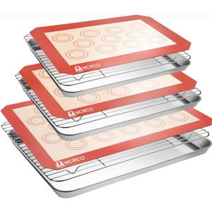 Stainless Steel Baking Sheet Tray Cooling Rack with Silicone Baking Mat Set, Cookie Pan with Cooling Rack, Set of 9 (3 Sheets + 3 Racks + 3 Mats), 10/12/16 Inch, Easy Clean