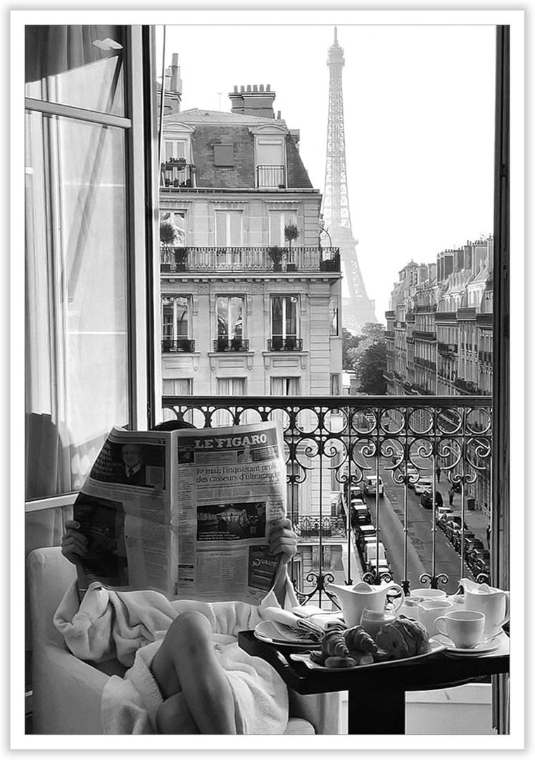 Trendy Woman Reading Newspaper Wall Art Vintage Black and White Paris Eiffel Tower Poster Modern Feminist Aesthetic Cityscape Canvas Print For Girls Room Apartment Office Decor 12x16inch Unframed