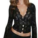 Women's Sheer Mesh Leopard Print Crop Top T Shirt Sexy Lace Deep V Neck Blouse Long Flare Sleeve Slim Tee Shirt (Medium, Black)