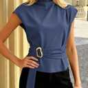 PRETTYGARDEN Women Blouses Spring Dressy Cap Sleeve Mock Neck Work Shirts Buckle Tunic Summer Business Casual Tops 2026 (Blue, L)