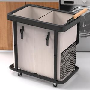 190L (50 Gal) Extra Large Fashion Laundry Hamper 2 Section with Lid, Rolling Laundry Basket Hamper with Handle, Laundry Organizer Storage Cart with Sturdy Metal Frame for Laundry Room, Hotel, White