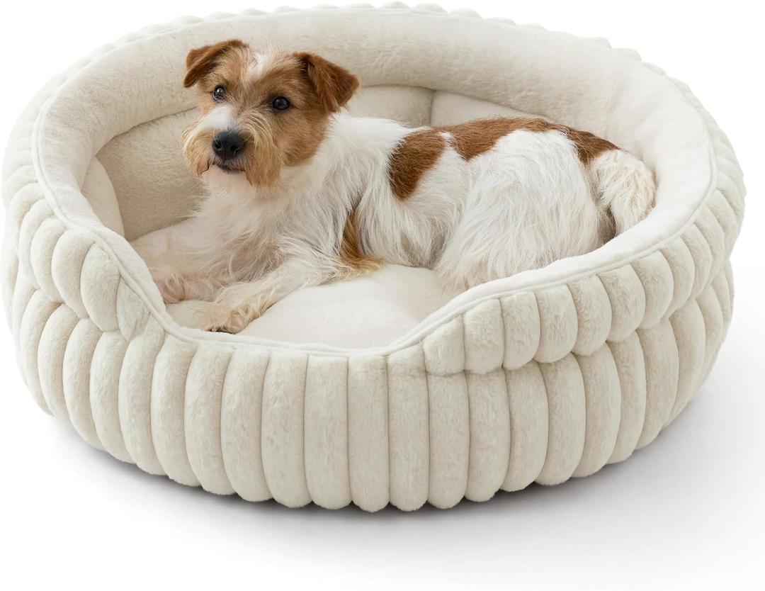 Bedsure ComfyFleece Medium Dog Bed, Washable Cute Pet Bed, Super Soft Corduroy Round Cat Bed with Anti-Slip Bottom, 26''x26''x9'', Cream
