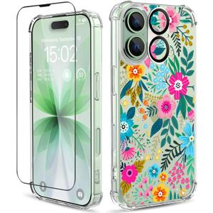 for iPhone 17 Case,[3 in 1] with Screen Protector & Camera Lens Protector, Flower Pattern Design,Clear Soft Shockproof Slim Floral Phone Cover for Women Girls 2025 6.3"(Colorful Blooming)