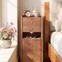 Narrow Nightstand with 4 Drawers, Solid Wood Narrow End Table, Modern Skinny Nightstand with 1 Semi-Open Shelf, Thin Couch Side End Table Night Stand with Drawers, 15.7"D x 11.8"W x 26.9"H