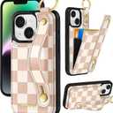 Petitian for iPhone 13/14 Wallet Case - Women Girls Cute Girly Aesthetic Unique Design Leather Credit Card Holder Phone Cover Stand Wristband for iPhone 13/14, Khaki Checkered