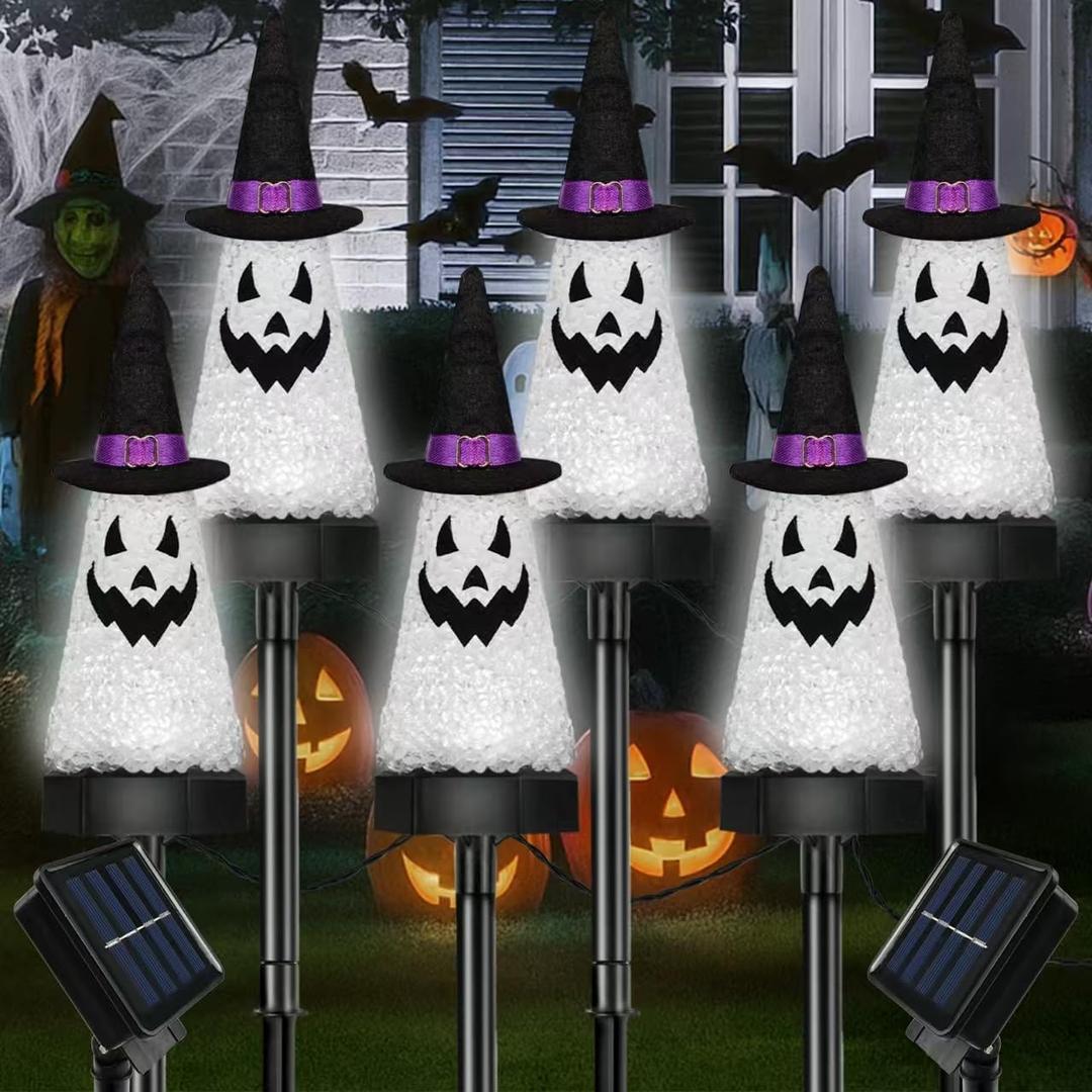 6 Pack Ghost Halloween Solar Decorations Outdoor Pathway Lights, Waterproof Solar Halloween Lights with 2 Modes, Garden Stake Lights for Path Yard Lawn Walkway Party Decor (Cool White)
