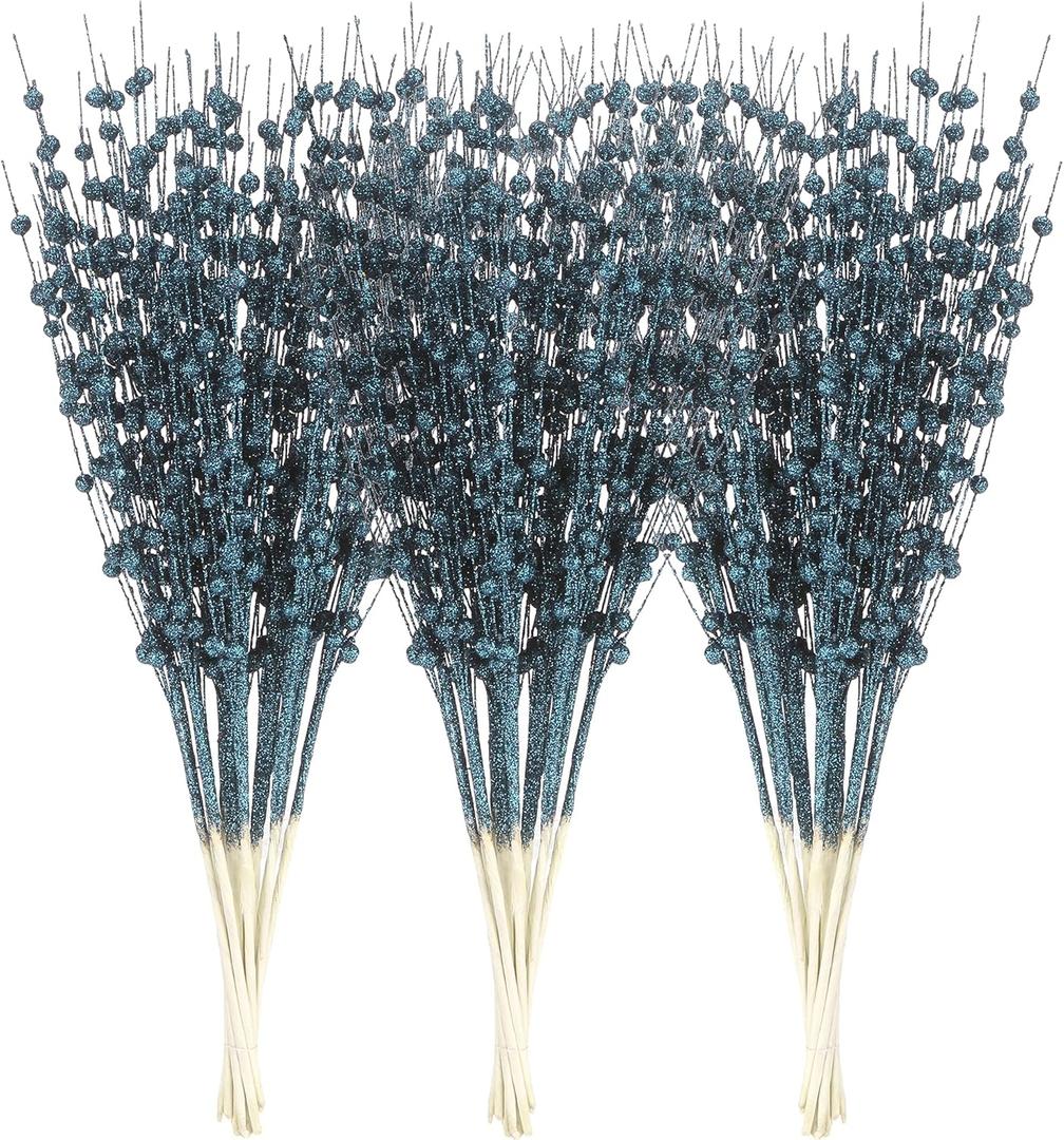 Sea Team 24-Pack Artificial Glitter Berry Stem Ornaments, Decorative Bead Sticks, Glittery Twigs, Picks, Branches for Christmas Tree, Small Vase, Holiday, Wedding, Party (17 Inches, Stone Blue)