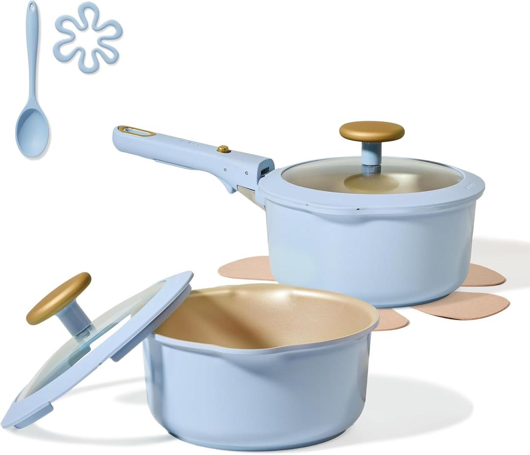 CAROTE 2.0Qt & 3.0Qt Titanium Nonstick Reinforced Sauce Pan Sets with Lid, Non-Stick Saucepans Cookware Set with Pour Spout with Detachable Handle, PFOS, PFOA Free, Induction Comptable, Blue