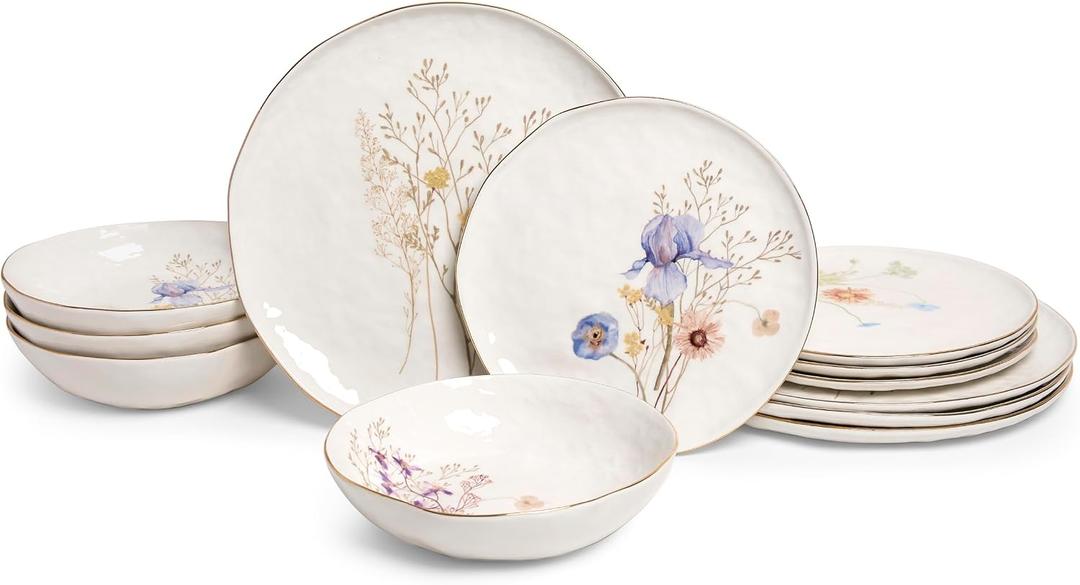Sango 12-Piece Luxury Porcelain Dinnerware Set for 4- Glossy White Plates and Bowls Sets with Wildflower Patterns and Gold Rims, Ceramic Dish Set, Elegant Dishes for Everyday Dining, Gansevoort