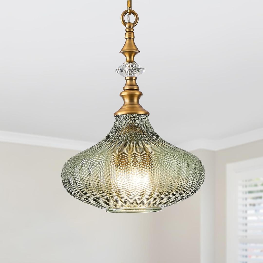 3-Light Chandelier,Vintage Gold Farmhouse Pendant Light Fixture for Kitchen,Adjustable Hanging Lighting with Green Glass Shade for Hallway Bedroom Entryway Dining Room Island