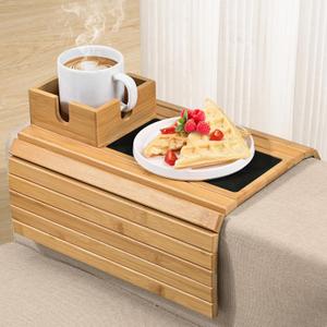 Joy&Grace Sofa Armrest Tray with Large Mug Holder, Bamboo Couch Arm Tray, Anti-Slip Couch Cup Holder Foldable Sofa Arm Table for Eating Drinks Cellphone (Color Natural)